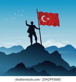 Bandera de Turquía levantada en la cima de una montaña con el cielo despejado en el fondo, Ilustración vectorial