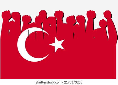 Turkey flag with raised protest hands vector, country flag logo, Turkey protesting concept, flat design, against idea