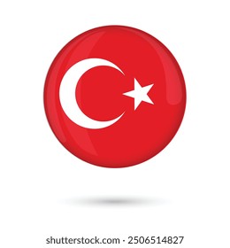 Turkey flag round 3D glossy and shiny isolated on white background vector illustration republic day of Turkey October November, brochure, flyer, poster, banner, educational, print, online websites