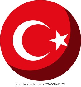 Turkey Flag Round Circle Badge Button or Sticker Icon with 3D Shadow Effect. Vector Image.