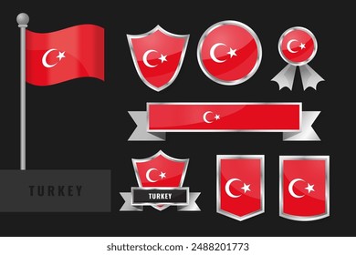 Turkey flag set. Collection of Turkey national emblems. Flat design of flags collection