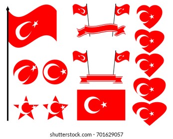 Turkey flag set. Collection of symbols, flag in heart. Vector illustration