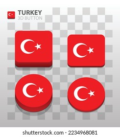 Bandera de Turquía. Botón 3d cuadrado y redondeado. Vector