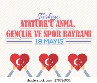 Turkey Flag Style Heart Hold Hands, Republic of Turkey Celebration Card and Greeting Message Poster, Background, Badges - English "Commemoration of Ataturk, Youth and Sports Day, May 19"