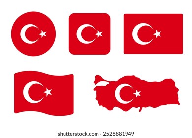 Símbolos de bandeira turca definidos. Fundo vermelho com lua e estrela . Banner de vetor de forma de mapa redondo, quadrado, retângulo ondulado e turco. Símbolo de Ancara e Istambul.