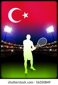 Turkey Flag and Tennis Player on Stadium Background Original Illustration