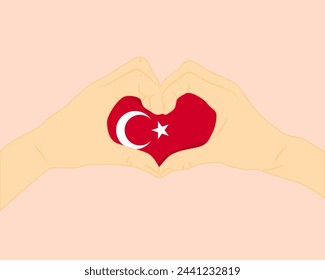 Turkey flag with two hands heart shape, express love or affection concept, support or donate to Turkey, hand heart love sign, vector design, patriotism and nationalism idea