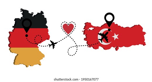 Turkey flag vector aircraft and a heart shape. Airplane flight path and route. The concept of traveling from Germany to Turkey flights. on white background.
