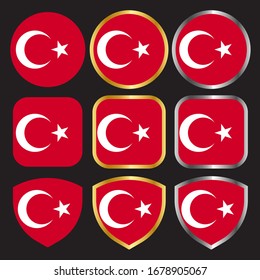 turkey flag vector icon set with gold and silver border