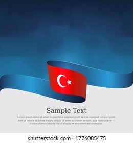Turkey flag with wavy ribbon on a blue white background. Background with flag of turkey. Turkish national poster. Vector design state patriotic banner, cover, business flyer