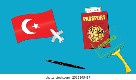 Turkey flag with white plane icon. Passport with visa approved stamp. Black stylish Pen. Türkiye Travel poster. Editable vector EPS available