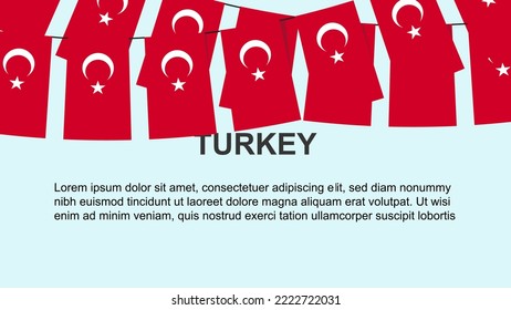 Turkey flags hanging on a rope, celebration and greeting concept, many Turkey flags with text space, banner and poster idea, decoration material, independence day
