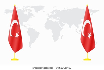 Turkey and Turkey flags for official meeting against background of world map.