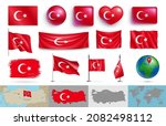 Turkey flags of various shapes and geographic map set. Realistic Turkish flags, glossy buttons in patriotic colors, highly detailed map and globe with identification pin vector illustration