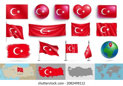 Turkey flags of various shapes and geographic map set. Realistic Turkish flags, glossy buttons in patriotic colors, highly detailed map and globe with identification pin vector illustration