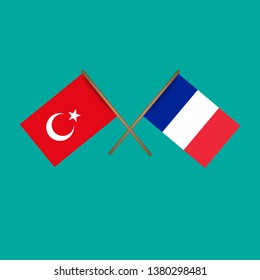 Turkey and France crossed flags.Language learning or travel concept