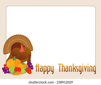 Turkey with fresh vegetables and fruits with happy thanksgiving text border/frame  illustration isolated on white background for thanksgiving card designs 