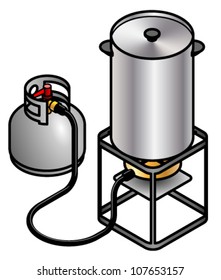 A Turkey Fryer With A Large Pot And Connected To A Gas Cylinder.