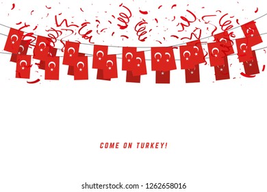 Turkey garland flag with confetti on white background, Hang bunting for Turkey celebration template banner.