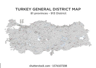 TURKEY General District Map, 81 Province - 913 District. Vector Illustration.