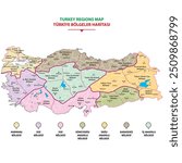 Turkey geographical region map. Map of Turkey with representation of administrative territorial divisions by regions and provinces. Labels in Turkish