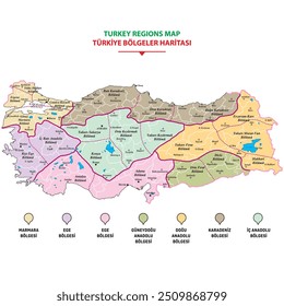 Mapa da região geográfica da Turquia. Mapa da Turquia com representação das divisões territoriais administrativas por regiões e províncias. Etiquetas em turco