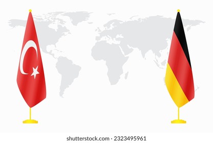 Turkey and Germany flags for official meeting against background of world map.