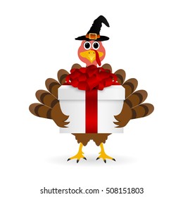 Turkey with a gift on Thanksgiving Day