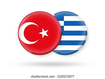 Turquía y Grecia encienden banderas. Icono 3d. Símbolos griegos y turcos redondos. Ilustración vectorial.