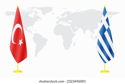 Turkey and Greece flags for official meeting against background of world map.
