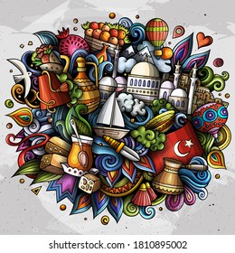 Turkey hand drawn cartoon doodles illustration. Funny travel design. Creative art vector background. Turkish symbols, elements and objects. Colorful composition