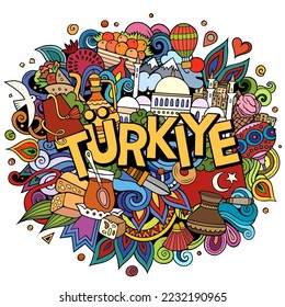 Turkey hand drawn cartoon doodles illustration. Funny travel design. Creative art vector background. Handwritten text with Turkish symbols, elements and objects. Colorful composition