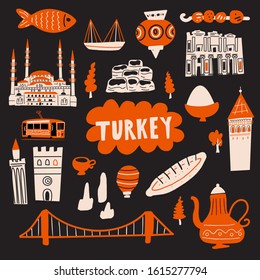 Turkey hand drawn vector illustration with tourist attractions, symbols and landmarks