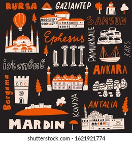 Turkey hand drawn vector illustration with tourist attractions, symbols and names of cities