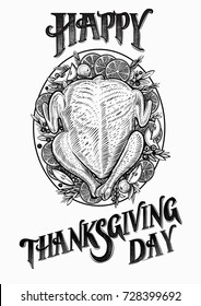 Turkey hand drawn vector illustration. Happy Thanksgiving day text and drawing of baked poultry decorated with cranberry, apples and orange. Top view.