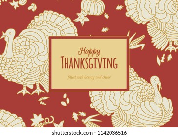 Turkey, Happy Thanksgiving, Greeting card. Hand drawn vector illustration of turkey, pumpkin, corn, grapes, mushrooms, autumnal leaves . 
