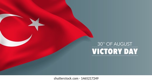 Turkey happy victory day greeting card, banner with template text vector illustration. Turkish memorial holiday 30th of August design element with flag with crescent and star 