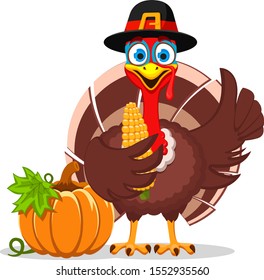 Turkey in a hat holds a swing of corn and shows a like on a white background. Thanksgiving