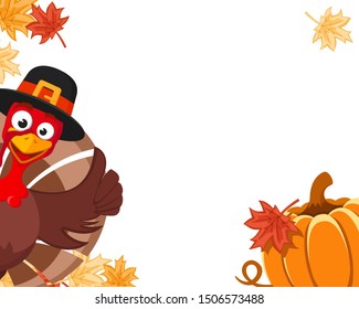 Turkey in a hat peeks out with a pumpkin and autumn leaves, place for text. Blanche Thanksgiving Day