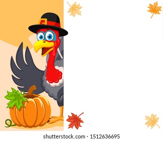 Turkey in a hat with a pumpkin peeks out from behind a white sheet, a place for text. Thanksgiving Day.