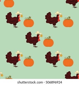 turkey hat pumpkin Thanksgiving Day light green background vector pattern