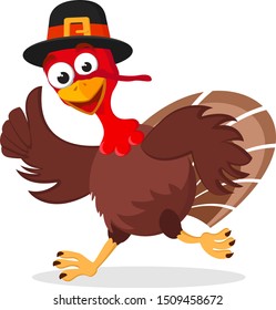 A turkey in a hat runs on a white background. Character