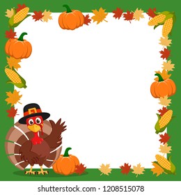 Turkey in a hat waving his wing next to the frame of autumn leaves and corn. Thanksgiving.