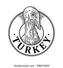 Turkey head with lettering. Hand drawn in a graphic style. Vintage black vector engraving illustration for label, poster, logotype. Isolated on white background