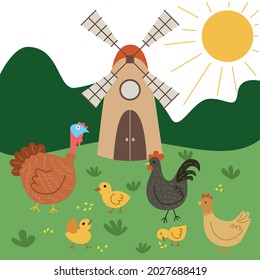 A turkey, a hen, a rooster and chickens graze and peck at grain, with a mill in the background. Rural landscape, farm and fields. Education for children, coloring book, fairy tale.