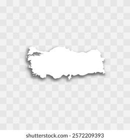 Turkey high detailed vector representation of country silhouette. White color on transparent background with dropped shadow. For educational, decorative, or informational use.