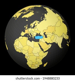 Turkey highlighted on a dark globe with a yellow world map. Satellite world projection centered on Turkey. Vector illustration.