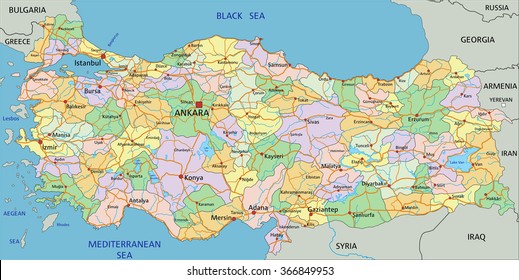 Turkey - Highly detailed editable political map with labeling.