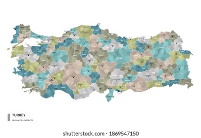 Turkey higt detailed map with subdivisions. Administrative map of Turkey with districts and cities name, colored by states and administrative districts. Vector illustration.