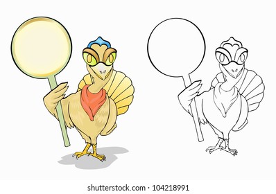 turkey holding blank board with outline version isolated on white